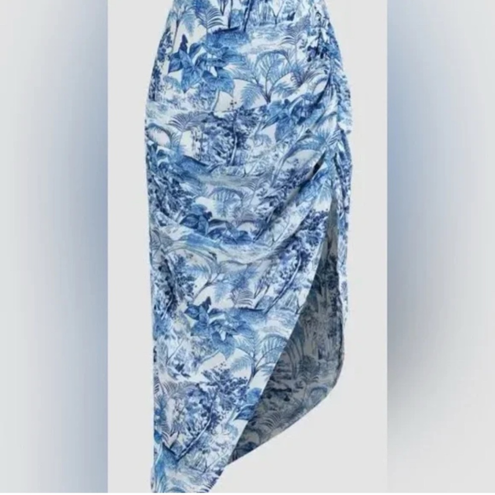 Blue Tropical vintage Print ruched Midi Skirt xs